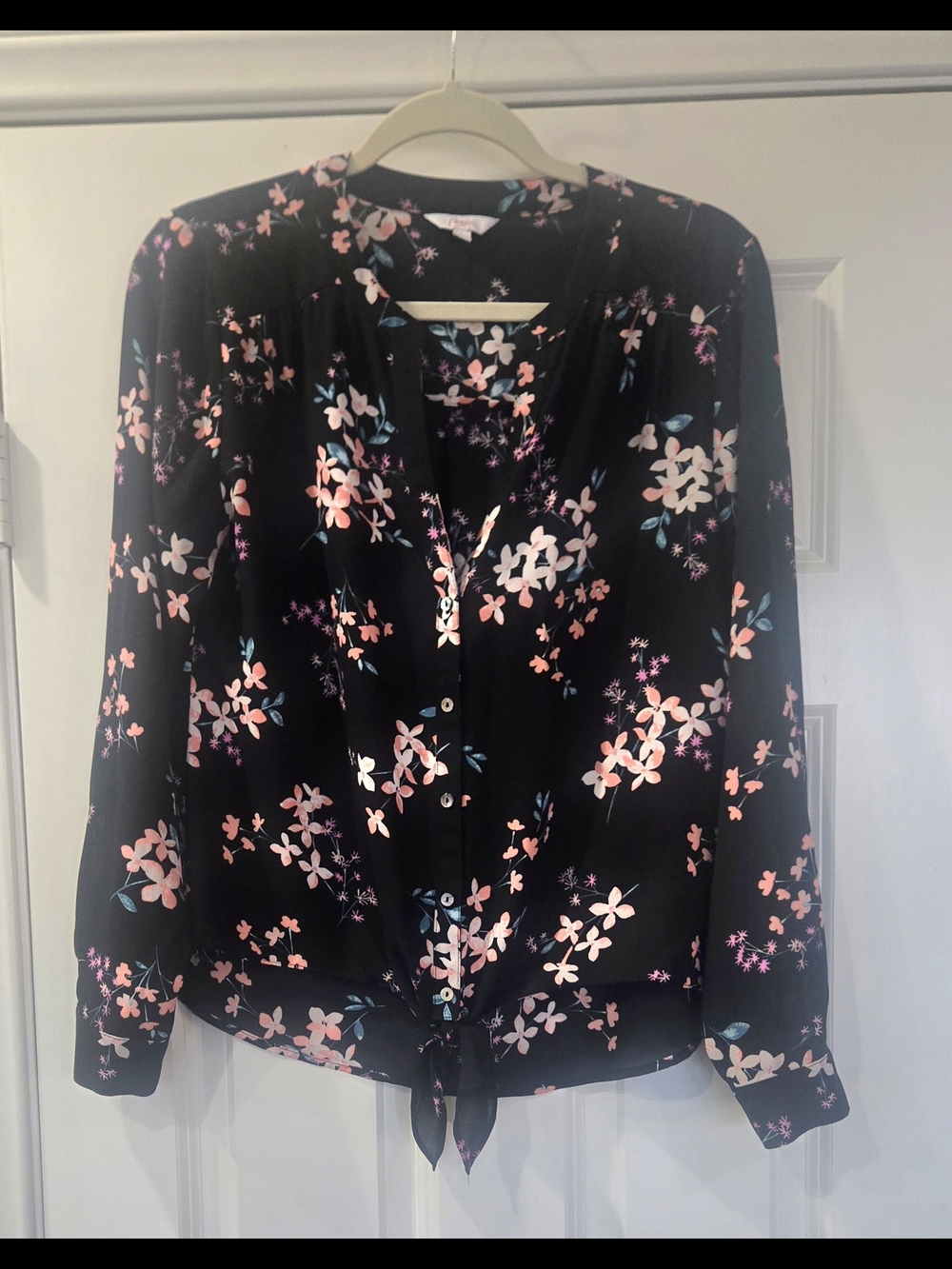 Candie's Black Floral Button-Up Blouse with Tie Hem